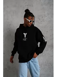Unisex Sırt Baskılı Kapüşonlu Üç İplik Oversize Sweatshirt - Siyah
