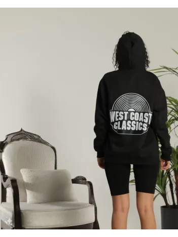 Unisex Sırt Baskılı Kapüşonlu Üç İplik Oversize Sweatshirt - Siyah