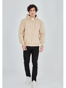 Unisex Tam Fermuarlı Kapşonlu  Sweatshirt - Bej