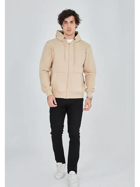 Unisex Tam Fermuarlı Kapşonlu  Sweatshirt - Bej
