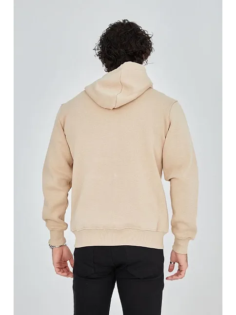 Unisex Tam Fermuarlı Kapşonlu  Sweatshirt - Bej