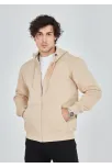 Unisex Tam Fermuarlı Kapşonlu  Sweatshirt - Bej