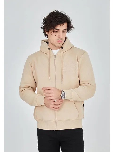 Unisex Tam Fermuarlı Kapşonlu  Sweatshirt - Bej