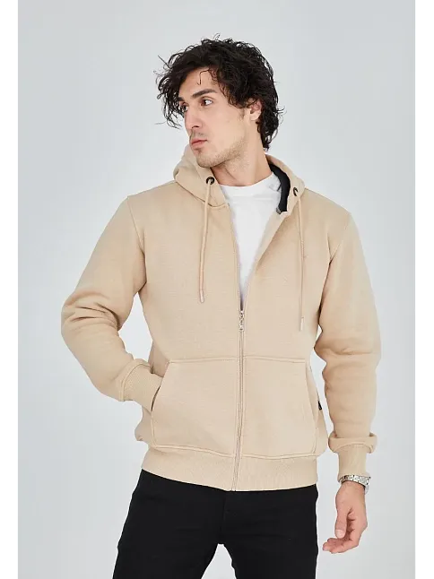 Unisex Tam Fermuarlı Kapşonlu  Sweatshirt - Bej