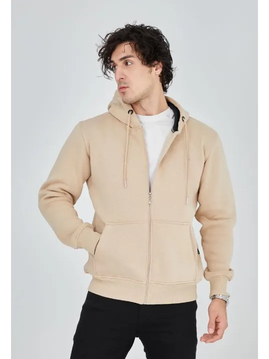 Unisex Tam Fermuarlı Kapşonlu  SweatShirt - Bej