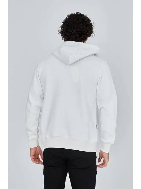 Unisex Tam Fermuarlı Kapşonlu  Sweatshirt - Beyaz