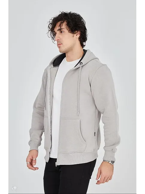 Unisex Tam Fermuarlı Kapşonlu  Sweatshirt - Boyalı Gri