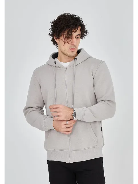 Unisex Tam Fermuarlı Kapşonlu  Sweatshirt - Boyalı Gri