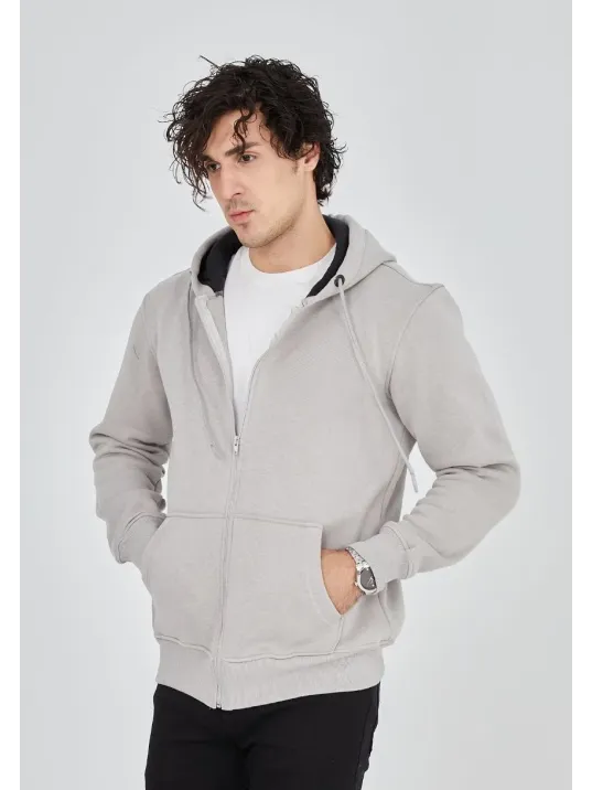 Unisex Tam Fermuarlı Kapşonlu  Sweatshirt - Boyalı Gri