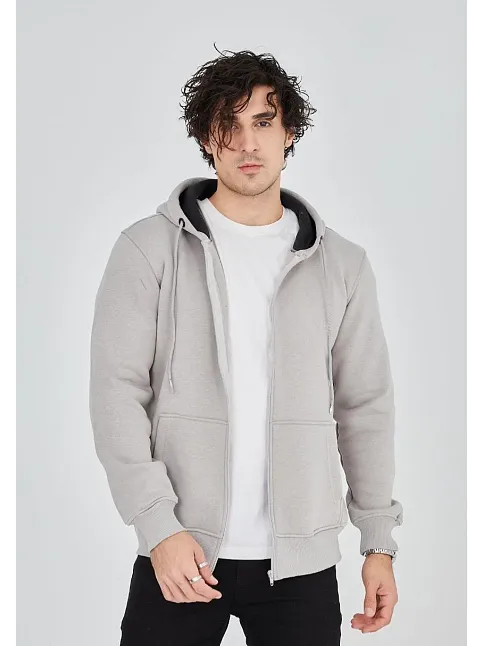 Unisex Tam Fermuarlı Kapşonlu  Sweatshirt - Boyalı Gri