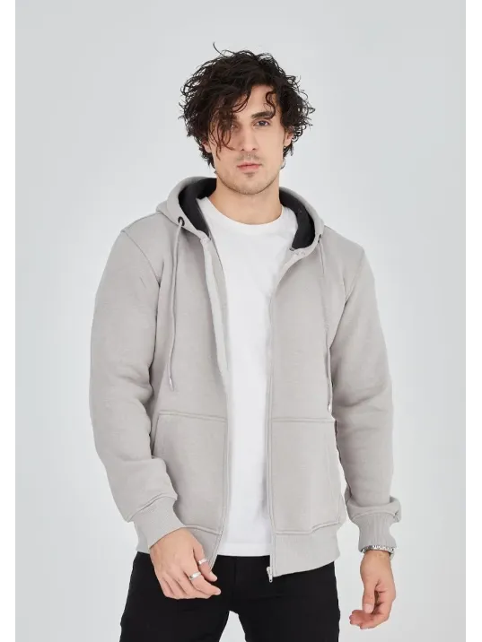 Unisex Tam Fermuarlı Kapşonlu  Sweatshirt - Boyalı Gri