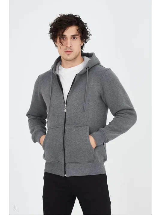 Unisex Tam Fermuarlı Kapşonlu  SweatShirt - Füme