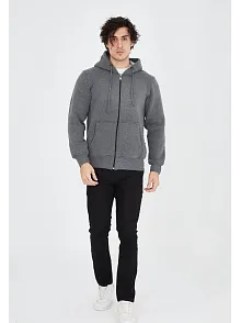 Unisex Tam Fermuarlı Kapşonlu  Sweatshirt - Füme