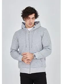Unisex Tam Fermuarlı Kapşonlu  Sweatshirt - Gri