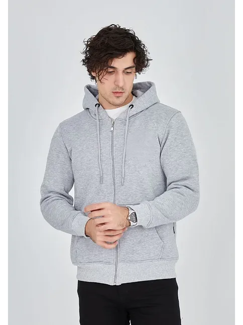 Unisex Tam Fermuarlı Kapşonlu  Sweatshirt - Gri