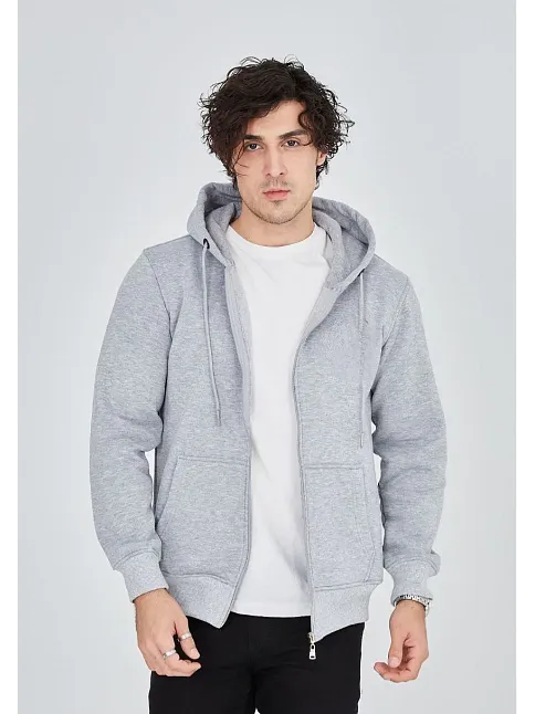 Unisex Tam Fermuarlı Kapşonlu  Sweatshirt - Gri