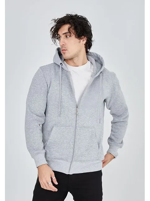 Unisex Tam Fermuarlı Kapşonlu  Sweatshirt - Gri