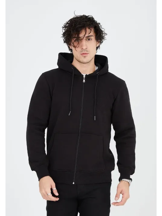 Unisex Tam Fermuarlı Kapşonlu  SweatShirt - Siyah