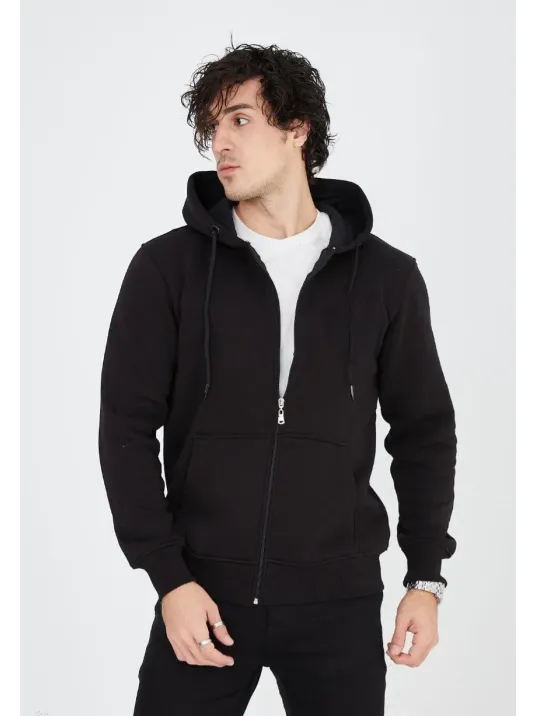 Unisex Tam Fermuarlı Kapşonlu  SweatShirt - Siyah
