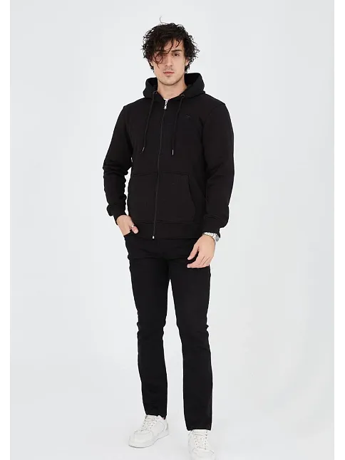 Unisex Tam Fermuarlı Kapşonlu  Sweatshirt - Siyah