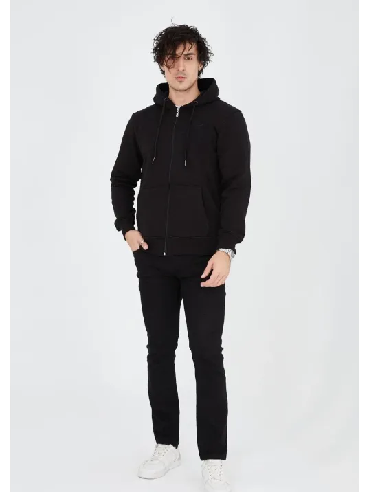 Unisex Tam Fermuarlı Kapşonlu  SweatShirt - Siyah