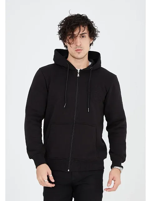 Unisex Tam Fermuarlı Kapşonlu  Sweatshirt - Siyah
