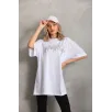 Unisex Taş Desenli Oversize T-Shirt - Beyaz