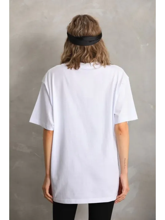 Unisex Taş Desenli Oversize T-Shirt - Beyaz