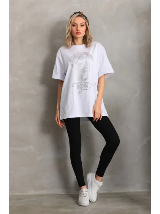 Unisex Taş Desenli Oversize T-Shirt - Beyaz