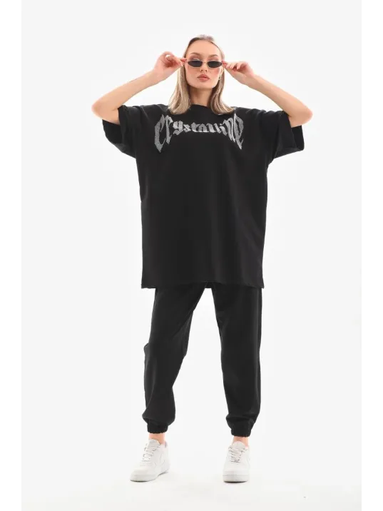 Unisex Taş Desenli Oversize T-Shirt - Beyaz