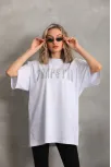 Unisex Taş Desenli Oversize T-shirt - Beyaz