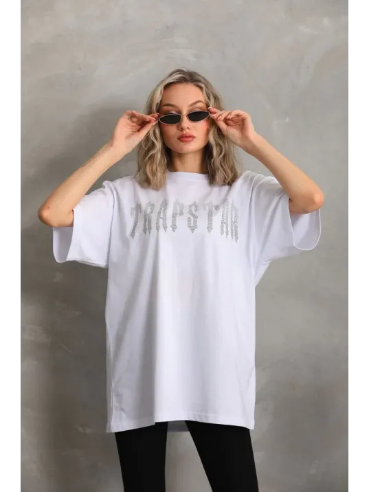 Unisex Taş Desenli Oversize T-Shirt - Beyaz