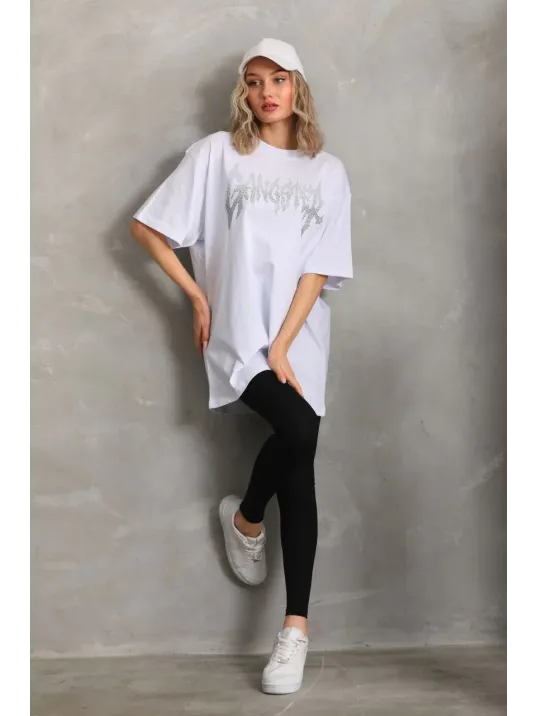 Unisex Taş Desenli Oversize T-Shirt - Beyaz