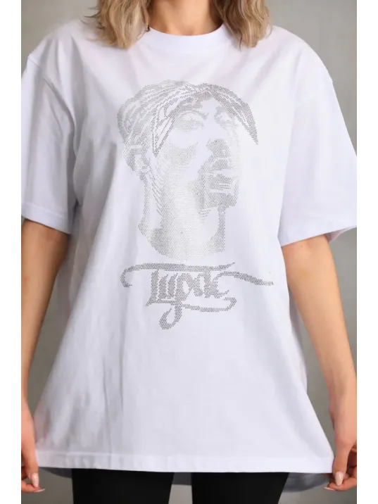 Unisex Taş Desenli Oversize T-Shirt - Beyaz