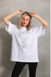 Unisex Taş Desenli Oversize T-shirt - Beyaz