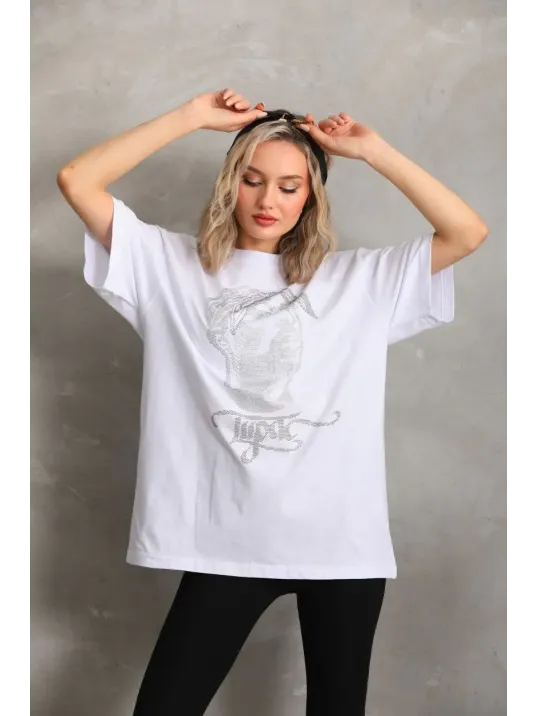 Unisex Taş Desenli Oversize T-Shirt - Beyaz