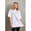 Unisex Taş Desenli Oversize T-Shirt - Beyaz