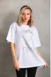 Unisex Taş Desenli Oversize T-shirt - Beyaz