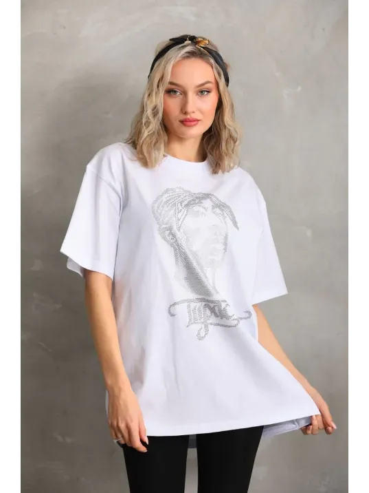 Unisex Taş Desenli Oversize T-Shirt - Beyaz