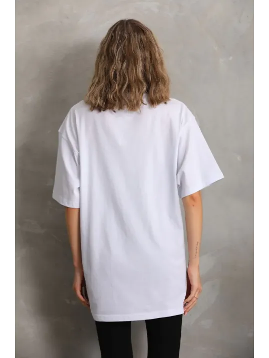 Unisex Taş Desenli Oversize T-Shirt - Beyaz