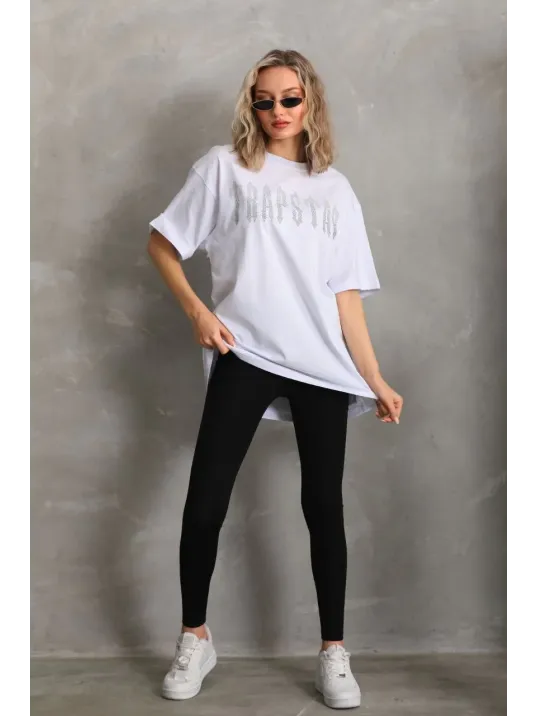 Unisex Taş Desenli Oversize T-Shirt - Beyaz