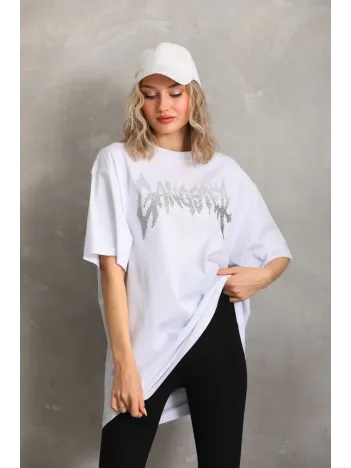 Unisex Taş Desenli Oversize T-Shirt - Beyaz Unisex Taş Desenli Oversize T-Shirt - Beyaz