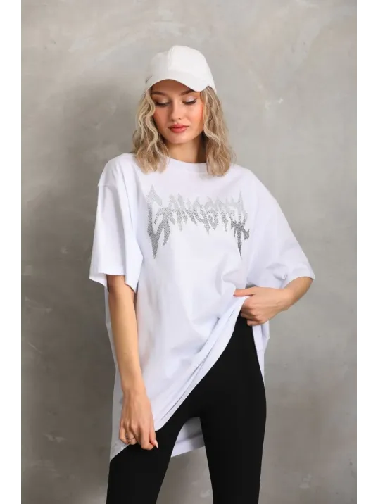 Unisex Taş Desenli Oversize T-Shirt - Beyaz Unisex Taş Desenli Oversize T-Shirt - Beyaz