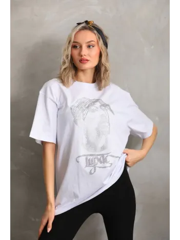 Unisex Taş Desenli Oversize T-Shirt - Beyaz Unisex Taş Desenli Oversize T-Shirt - Beyaz