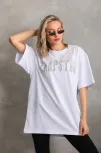 Unisex Taş Desenli Oversize T-shirt - Beyaz