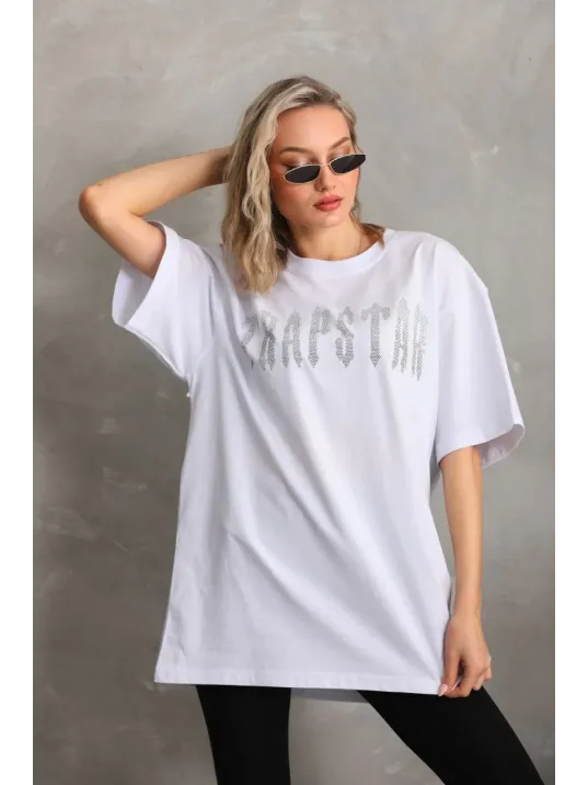 Unisex Taş Desenli Oversize T-Shirt - Beyaz
