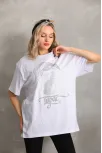 Unisex Taş Desenli Oversize T-shirt - Beyaz