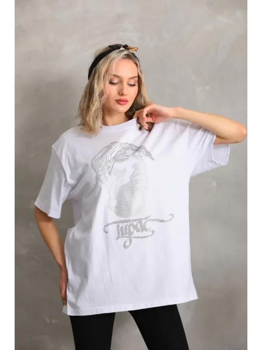 Unisex Taş Desenli Oversize T-Shirt - Beyaz