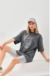 Unisex Taş Desenli Oversize T-shirt - Füme