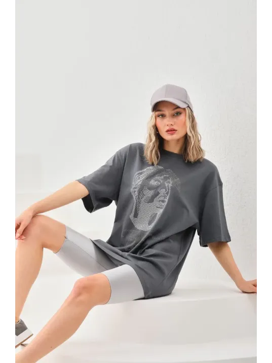 Unisex Taş Desenli Oversize T-Shirt - Füme